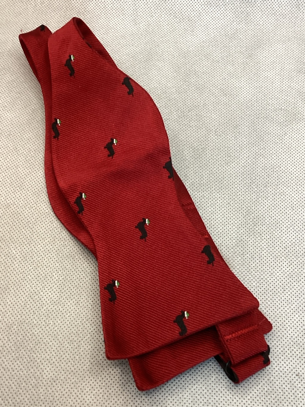 Vintage IZOD Red Adjustable Bow Tie Black Dog Motif Novelty Formalwear